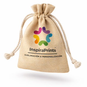 Bolsa de yute sublimada con logo personalizado en alta calidad.