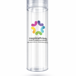 Botella deportiva transparente sublimada con logo personalizado.