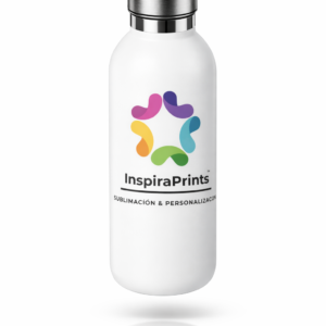 Botella térmica blanca sublimada con logo personalizado.