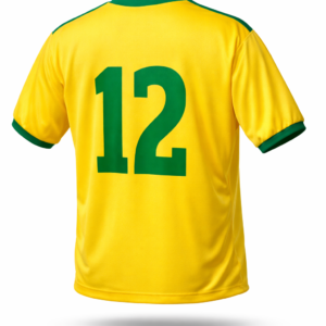 Camiseta deportiva amarilla personalizada con dorsal número 12 sublimado.