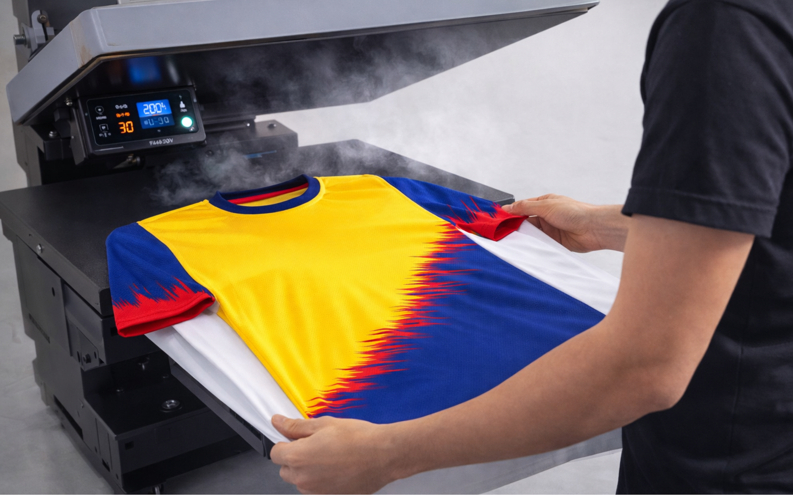 Proceso de sublimación profesional en prensa térmica para personalización de camisetas deportivas con impresión de alta definición.